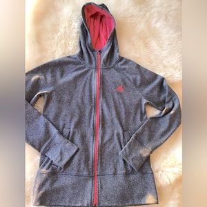 Adidas women’s large hooded jacket bluish grey pink accents. Excellent condition